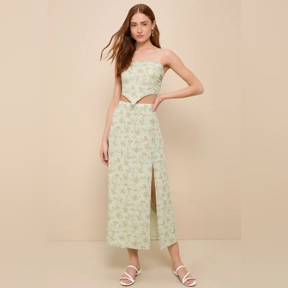 Lulus Perfect Times Sage Green Floral Tie-back Two-piece Midi Dress - Size M